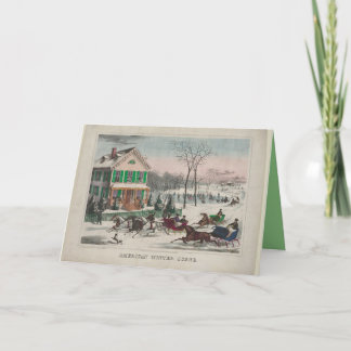 Vintage Winter Scene, Horses, Sleighs Folded Card