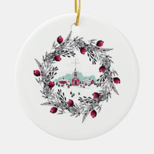 Vintage Winter Scene Red Church and Wreath Ceramic Ornament