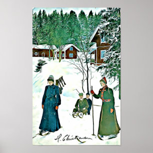 Vintage Winter Scene, snowy village poster