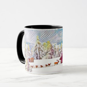Vintage Winter Scenery Reindeer Log Cabin Painting Mug