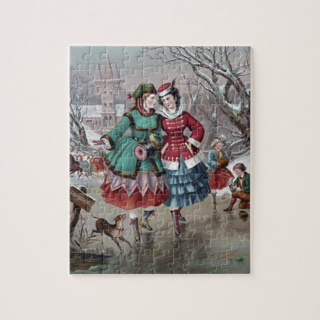 Vintage Winter Skating Scene Puzzle (Vertical)