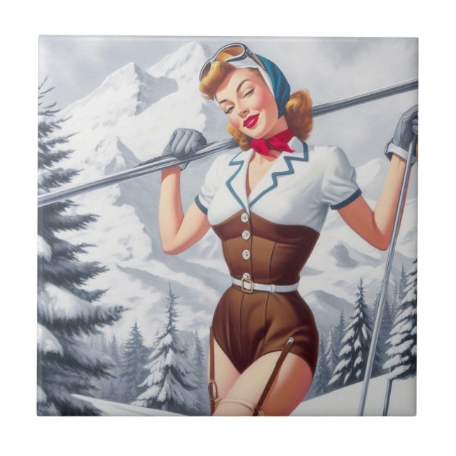 Vintage Winter Ski Pin-Up Ceramic Tile (Front)