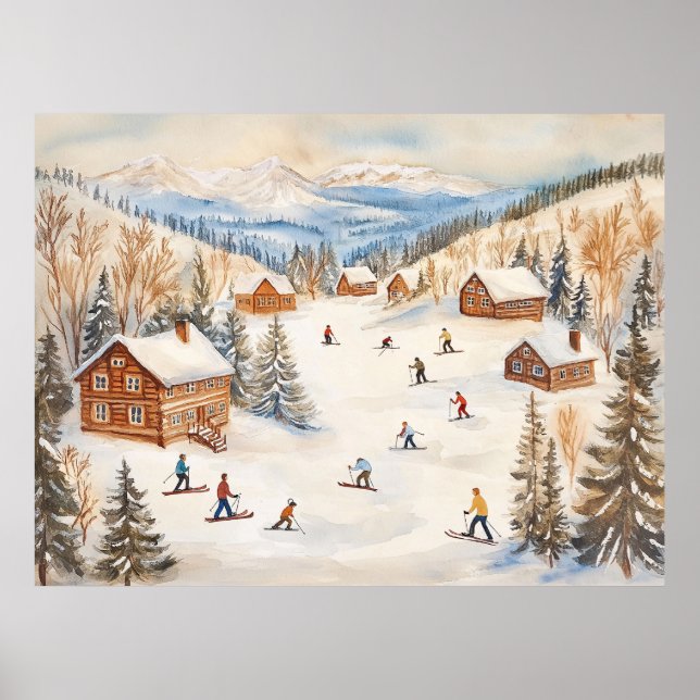 Vintage Winter Skiers Scene Poster (Front)