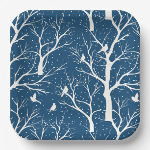 Vintage Winter Sky White Birds Snowflakes Paper Plate
