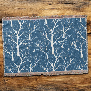 Vintage Winter Sky White Birds Snowflakes Throw Blanket