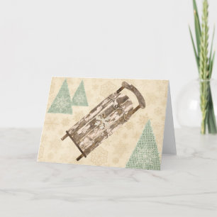 Vintage winter sled snowflake trees rustic card