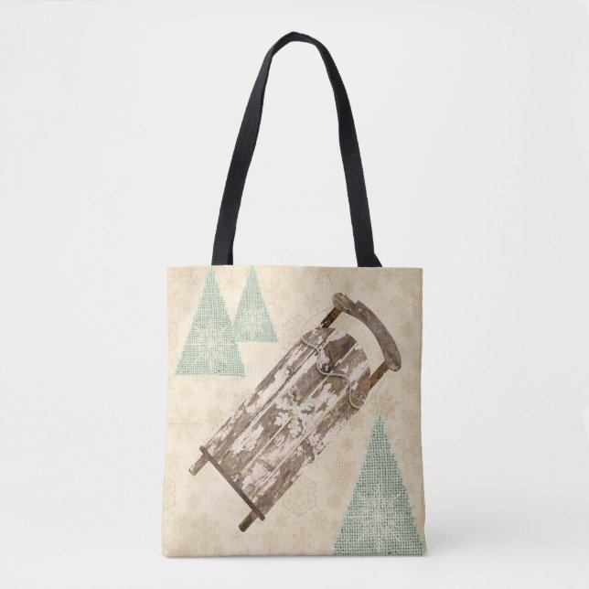 Vintage winter sled snowflakes trees rustic  tote bag (Front)