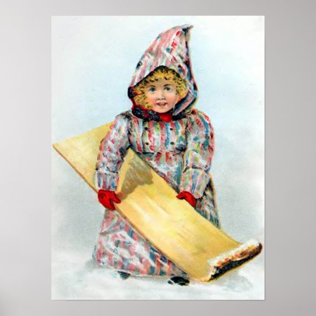 Vintage Winter Sledding Girl Poster (Front)