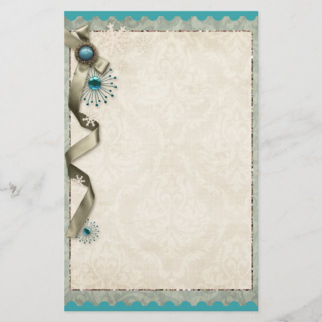 Vintage Winter snowflake ribbon damask teal gold Stationery (Front)