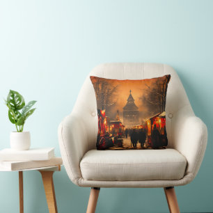 Vintage Winter Snowy Christmas Market Cushion