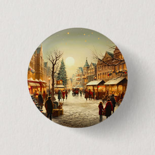 Vintage Winter Snowy Christmas Market Town 3 Cm Round Badge