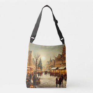 Vintage Winter Snowy Christmas Market Town Crossbody Bag