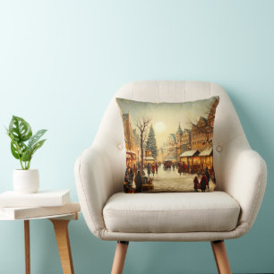 Vintage Winter Snowy Christmas Market Town Cushion