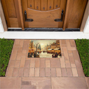 Vintage Winter Snowy Christmas Market Town Doormat