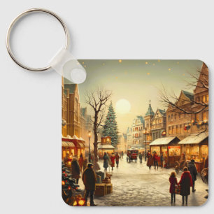 Vintage Winter Snowy Christmas Market Town Key Ring