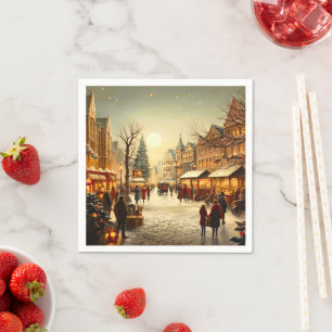 Vintage Winter Snowy Christmas Market Town Napkin
