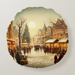 Vintage Winter Snowy Christmas Market Town Round Cushion