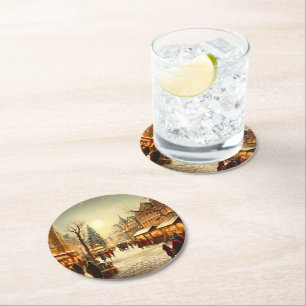 Vintage Winter Snowy Christmas Market Town Round Paper Coaster
