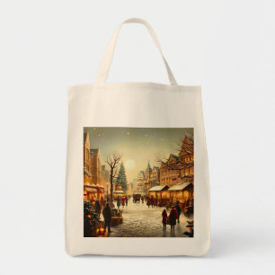 Vintage Winter Snowy Christmas Market Town Tote Bag