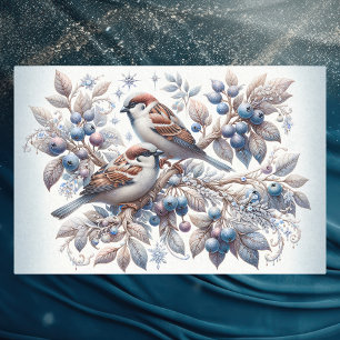 Vintage Winter Sparrows and Blueberries Decoupage Tissue Paper