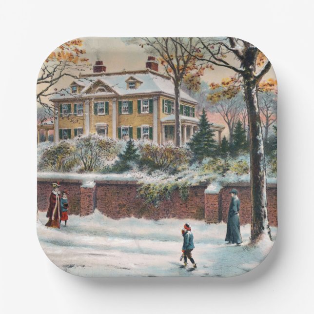 Vintage Winter Street Merry Christmas Paper Plate (Front)