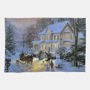 Vintage Winter Town Christmas tree Tea Towel