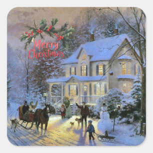 Vintage Winter Town Merry Christmas Square Sticker