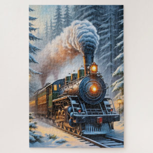 Vintage Winter Train Scenic Artwork Jigsaw Puzzle
