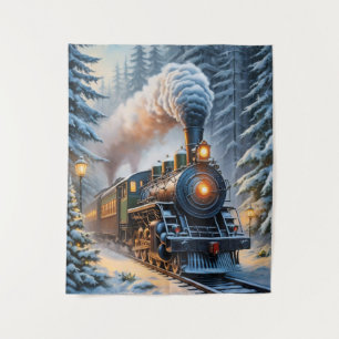 Vintage Winter Train Scenic Artwork Tapestry