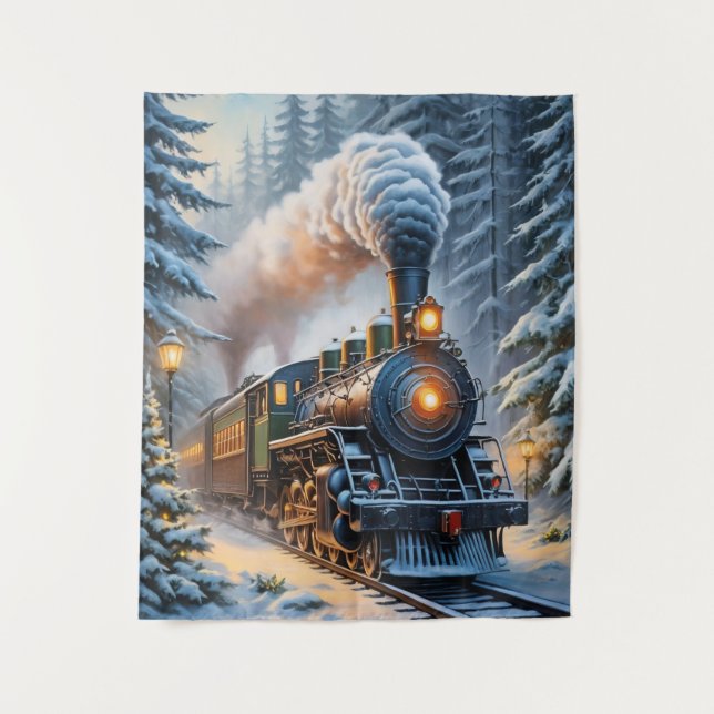 Vintage Winter Train Scenic Artwork Tapestry (Front)