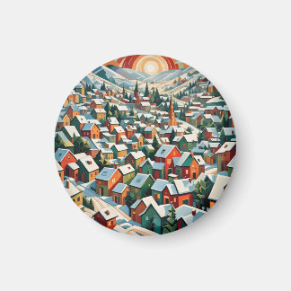 vintage winter village in the snow magnet