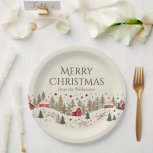 Vintage Winter Village Xmas Folk Art Custom Name Paper Plate