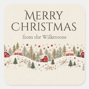 Vintage Winter Village Xmas Folk Art Custom Name Square Sticker