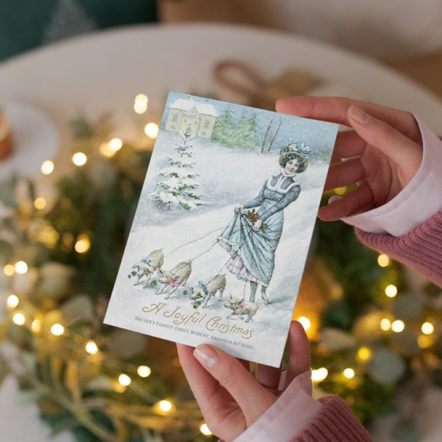 Vintage Winter Wonderland Lady Walking Pigs Invitation (Creator Uploaded)