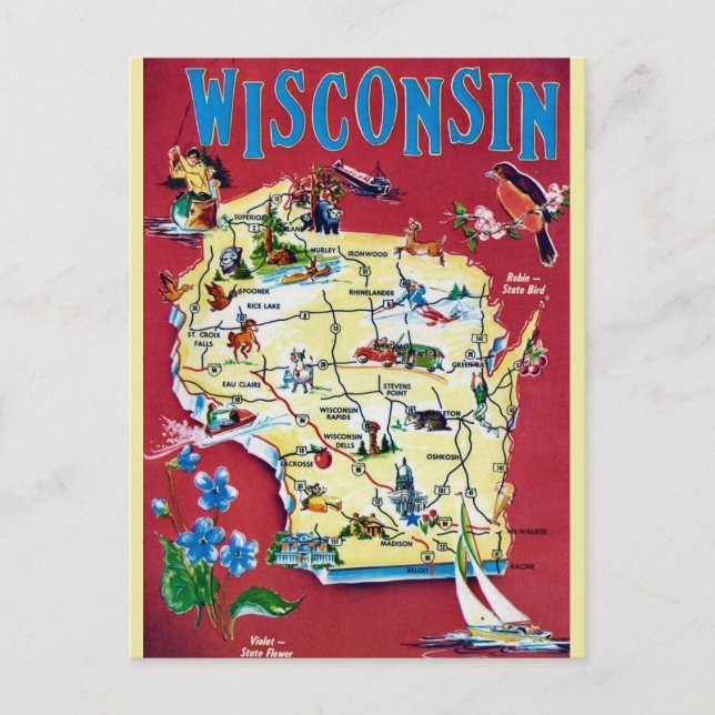 Vintage Wisconsin Map  Postcard (Front)