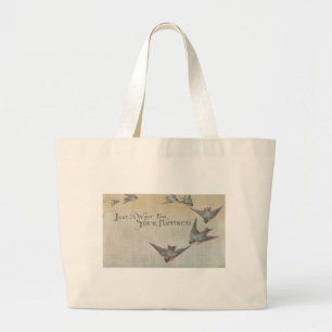 Vintage Wish For Happiness Birds Large Tote Bag