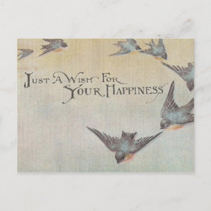 Vintage Wish For Happiness Birds Postcard