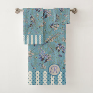 Vintage Wisteria Tossed Flowers Monogrammed Bath Towel Set