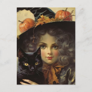 Vintage Witch and Black Cat Halloween Postcard