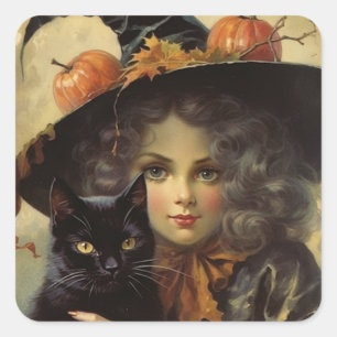 Vintage Witch and Black Cat Halloween Square Sticker