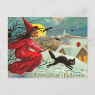 Vintage Witch and Cat Postcard