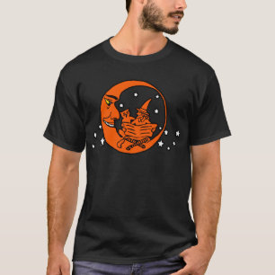 Vintage Witch and Cat Reading on Crescent Moon T-Shirt