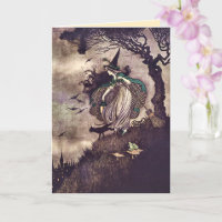 Vintage Witch Broom Cat Art Nouveau