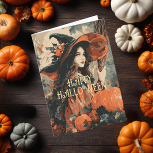 Vintage Witch Broom Pumpkin Elegant Halloween  Card