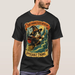 Vintage Witch Cat flying Broomstick Halloween T-Shirt