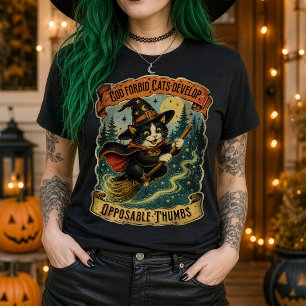 Vintage Witch Cat flying Broomstick Halloween T-Shirt