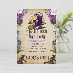 Vintage Witch Cat Halloween Ladies Night Party Invitation