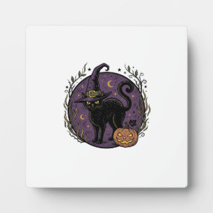 Vintage Witch Cat Halloween Vector Shirt Design_1 Plaque