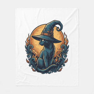 Vintage Witch Cat Moon Halloween Vector Art_1 Fleece Blanket