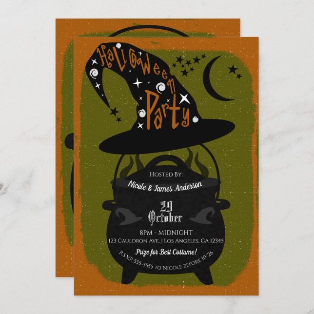 Vintage Witch Cauldron Green Halloween Party Retro Invitation (Front/Back)